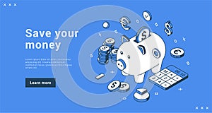 Save your money online calculation service piggy bank falling coins landing page vector illustration