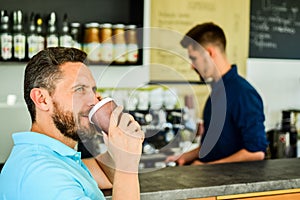 Save your time. Man solving problems phone have coffee. Confident entrepreneur choose drink in paper cup to go while