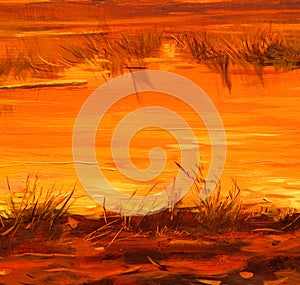 saved lakes sunset of sun, painting by oil on canvas, illustration