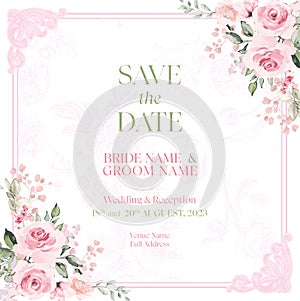 Save the date with pink watercolor flower card. photo
