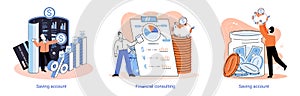 Saving account concept. People with coins and piggy bank. Bank account accumulation of funds, wealth