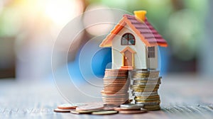 saving for buying house concept. coins piles and house model, concept of mortgage and savings. rising stacked coins with house.