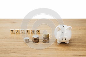 Saving cash coin concept investment by putting money to piggy bank. Management growth funding budget for wealth. Wooden background