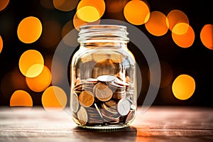 Saving for Christmas. Coins with seasonal decorations