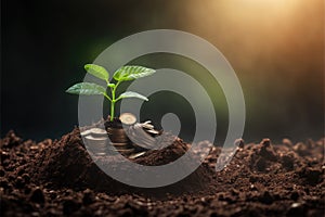 Saving concept by growing plants on coin isolated landscape background.