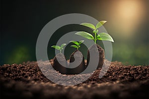 Saving concept by growing plants on coin isolated landscape background.