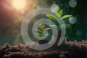 Saving concept by growing plants on coin isolated landscape background.