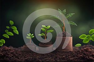 Saving concept by growing plants on coin isolated landscape background.