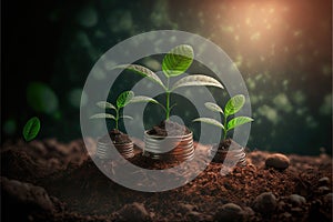 Saving concept by growing plants on coin isolated landscape background.