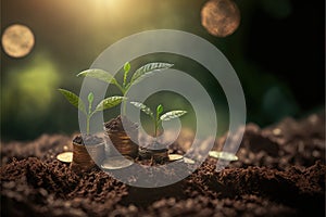 Saving concept by growing plants on coin isolated landscape background.