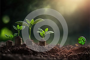 Saving concept by growing plants on coin isolated landscape background.