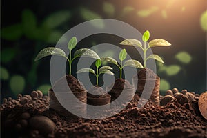 Saving concept by growing plants on coin isolated landscape background.