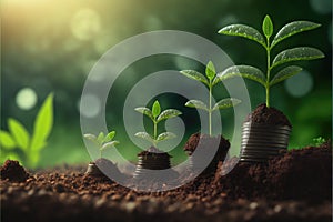 Saving concept by growing plants on coin isolated landscape background.