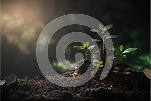 Saving concept by growing plants on coin isolated landscape background.