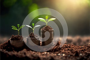 Saving concept by growing plants on coin isolated landscape background.