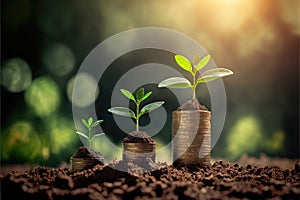 Saving concept by growing plants on coin isolated landscape background.