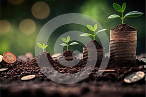 Saving concept by growing plants on coin isolated landscape background.