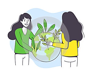 Saving Ecology with Young Woman with Earth Globe Caring about Green Planet and Nature Vector Illustration