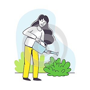 Saving Ecology with Young Woman Watering Bush Caring about Green Planet and Nature Vector Illustration