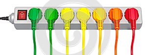 Saving energy consumption concept, row from colored plugs. 3d re photo