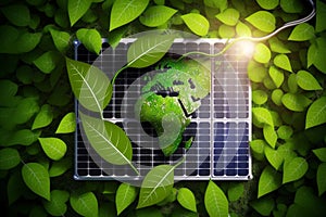 saving green planet concept with fresh green leaves and solar energy panels, clean green energy concept. al