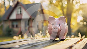 Saving for home buying investment, mortgage plan, and residential property tax concept. Piggy bank on wooden table with