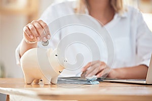 Saving, investment and hands put coins in piggy bank, woman working on laptop doing online banking. Finance, saving