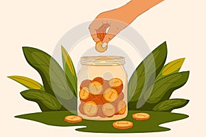 Saving money Bank vector concept for financial literacy. A hand drops a coin into a jar