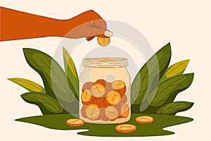 Saving money Bank vector concept for financial literacy. A hand drops a coin into a money jar
