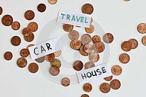 Saving money for the best life concept. Coins and signs travel, car, house