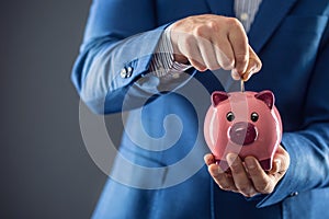 Saving money. Businesman holding pink piggy and putting coin into piggy bank