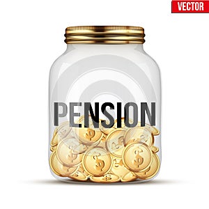 Saving money coin in jar with Pension label