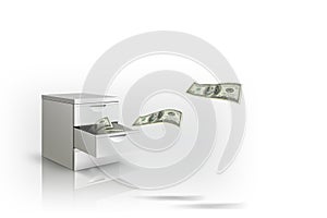 Saving Money Concept : Banknote flying to white drawer on white background.