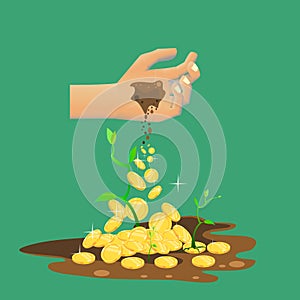Saving money concept, hand drop soin into money on plants, plants are germination growing, vector illustrator