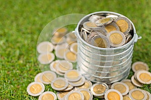 Saving money concept, Money coins in bucket and overflow on green grass.