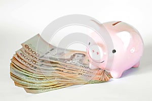 Saving money concept, Piggy bank and Thailand banknote on white background. Business concept