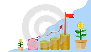 Saving money concept stacks of gold coins, growth money ladder and income graph to the flag success investment vector