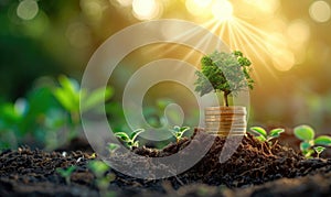 Saving money concept, Tree growing on coins stack with sun ray