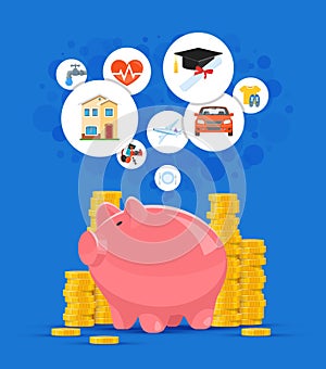 Saving money concept vector illustration. Pink piggy bank with golden coin piles on background