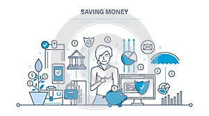 Saving money, finance, banking, online payment, online commerce, investments.