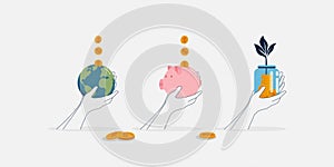 Saving money. Gold coins falling to Piggy bank, Globe and A Jar. Money creative business concept. Vector illustration