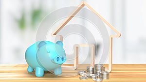 The Blue piggy bank and wood home icon 3d rendering