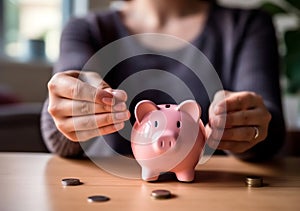 Saving money for house and real estate. Woman hand protecting on stack coins and house model on table. AI Generated