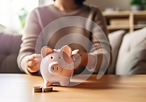 Saving money for house and real estate. Woman hand protecting on stack coins and house model on table. AI Generated