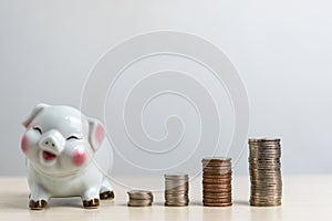 Saving money investment business accounting and finance banking growth economy with piggy and coin stack concept