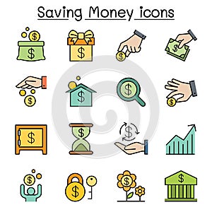 Saving money and Investment color line icon set