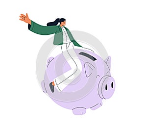 Saving money in piggy bank, box. Happy rich wealthy woman riding big piggybank, moneybox. Financial deposit, wealth
