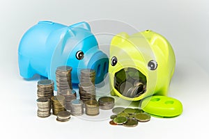 Saving money in a piggy bank for the future.