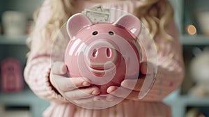 Saving money by Pink piggy bank concept of savings and investments. hand holding piggy bank. Save money and financial