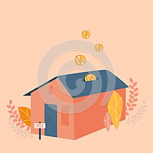 Saving money for real estate investing, dollar coins in house model, vector illustration